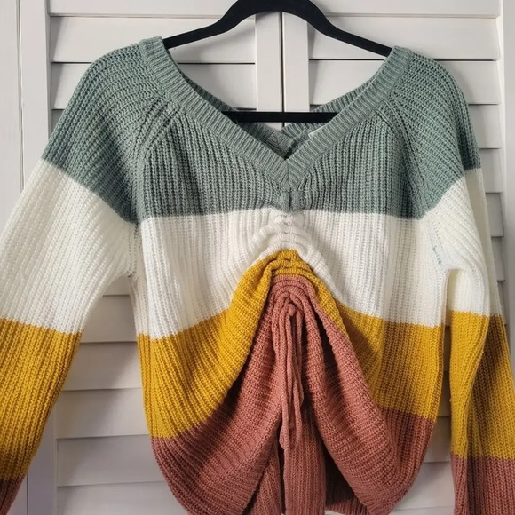 Full Circle Trends Sage Mustard Rust Stripe Knit Sweater L‎ Adjustable Tie Fall - Picture 3 of 8